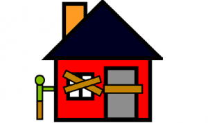 Cartoon person stands next to boarded up house