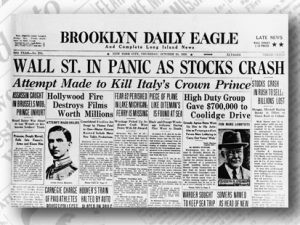 Image of newspaper called the "Brooklyn Daily Eagle" with headline 'Wall St. in Panic as Tocks Crash"